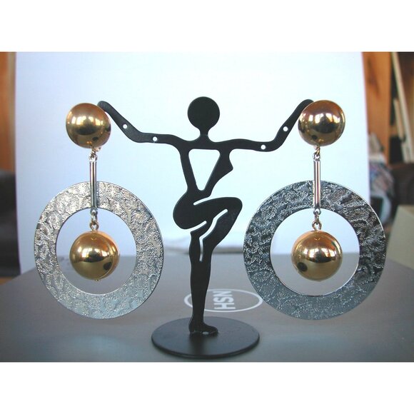 Vintage Brutalist Gold & Silver Tone Statement Necklace & Clip-On Earrings Set 1 - Picture 4 of 14